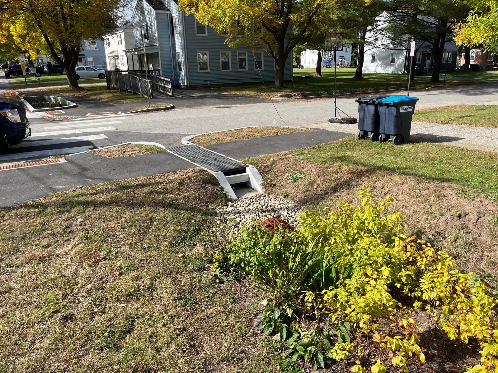 Rain Guardian Foxhole installed spanning a bituminous path with an outlet to a vegetated swale