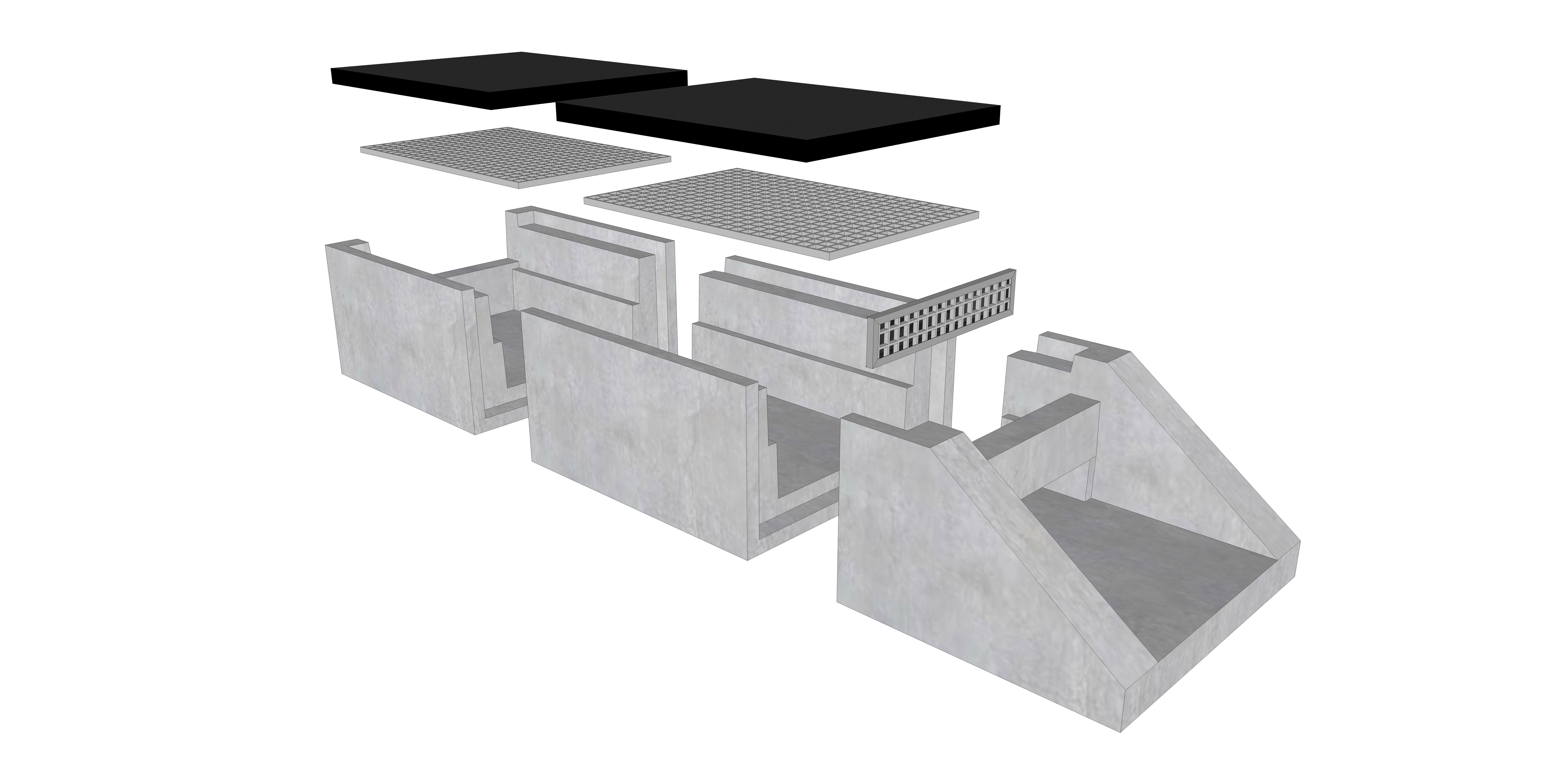 Rain Guardian Foxhole exploded image showing individual components: inlet, middle, and outlet chamber sections, filter wall, top grates, and top lids